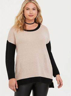 Up for auction is a brand new with tags, never worn, Torrid black and tan color block hi-lo tunic sweater (11479249). It is a size 2X (18-20) and made from 100% acrylic. Retails for $54.90 + tax. Auction is open to U.S. buyers only. Please look at all pictures and ask any questions before purchase as all sales are final. Please see my other auctions for more clothes and other great deals. Thanks again and happy shopping!!!!  :) DETAILS: A vented hi-lo hem eases the fit of a two-tone colorblock s Plus Size Sweater, Torn Jeans, Colorblock Sweater, Plus Size Sweaters, Feel Pretty, Work Clothes, Color Block Sweater, Cute Sweaters, Tunic Sweater