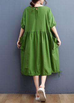 Women Green O-neck Cinched Drawstring Pocket Vacation Dresses Short Sleeve Summer Short Sleeve Midi Dress With Drawstring, Summer Midi Dress With Drawstring And Short Sleeves, Short Sleeve Midi Dress With Drawstring For Summer, Short Sleeve Drawstring Summer Dress, Short Sleeve Drawstring Vacation Dress, V-neck Drawstring Dresses For Spring, Summer Midi Dress With Drawstring For Day Out, Spring Vacation Midi Dress With Drawstring, Drawstring Knee-length Midi Dress