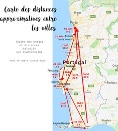 a map shows the route to portugal and where it is in spanish, with red arrows pointing