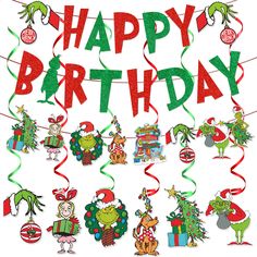 a happy birthday card with lots of cartoon characters and presents hanging from the string,