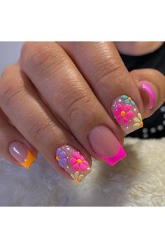 24Pcs Colorful French Press on Nails Short Square - Spring Fake Nails Cute Floral False Nails Press ons Art Kit with Daisy Flower Design Full Cover Nail Tips Acrylic Nails for Women and Girls Squoval Acrylic Nails, French Tip Press On Nails, Short Fake Nails, Press On Nails Short, Nail Stamper, Acrylic Nail Kit, Flower Nail Designs, French Acrylic Nails