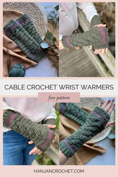 the knitting pattern for cable crochet wrist warmers is shown in three different pictures