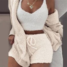 Season:Winter,Fall; Fabric:Cotton Blend; Sleeve Length:Long Sleeve,Short Pant; Gender:Women's; Quantity:3 Pieces; Nightwear Style:Loungewear,Sets; Style:Casual,Comfort,Soft,Sport,Plush; Elasticity:Micro-elastic; Occasion:Home,Going out,Bed,Daily; Age Group:Adults; Function:Breathable; Pattern:Pure Color; Design:Elastic Waist; Neckline:V Wire; Bottom Type:Shorts; Listing Date:10/13/2023; Length:; Length [Bottom]:; Length [Top]:; Waist:; Bust:; Sleeve Length: Guangzhou Style, Winter Pajamas, Short Cardigan, Liberia, Fleece Pajamas, Teddy Coat, Sleeves Clothing, Vest White, Chic Me