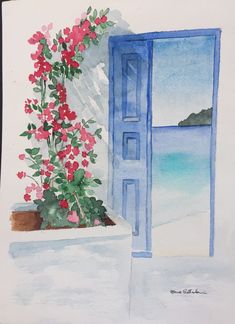 a painting of a blue door and window with red flowers in the pot next to it