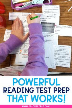 a child writing on paper with the words powerful reading test prep that works in front of them