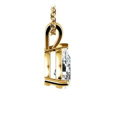 a gold pendant with an oval cut diamond on the front and side, set in 18k yellow gold