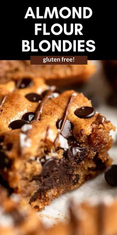 chocolate chip cookie bars with text overlay that reads, almond flour blondies gluten free