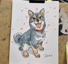 a drawing of a dog with its tongue out and his eyes open, sitting on a piece of paper