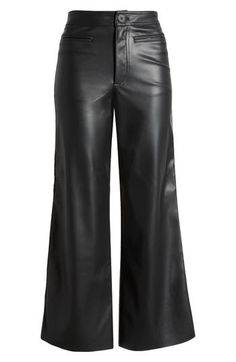 A wider leg silhouette adds a cool kick to these buttery pants made from glossy faux leather. Zip fly with button closure Front welt pockets 100% polyester Machine wash, line dry Imported Wide Leg Leather Pants Outfit, Wide Leg Leather Pants, Thrifting Ideas, Leather Pants Outfit, Boy Activewear, Black Leather Pants, Favorite Daughter, Maternity Shops, Loungewear Shorts