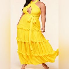 Leave Comments Questions Dress 2 For $42 Yellow Ruffled Maxi Dress For Day Out, Chic Yellow Maxi Dress With Ruffles, Chic Yellow Flowy Maxi Dress, Chic Flowy Yellow Maxi Dress, Chic Flowy Yellow Dress, Chic Yellow Flowy Dress, Yellow Maxi, Plus Size Dress, Gold Yellow