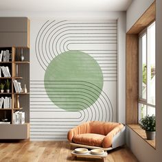 a living room with a chair, book shelf and bookshelf on the wall