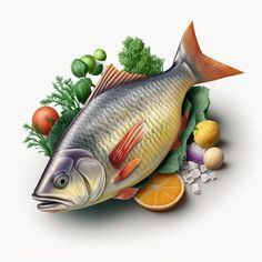 a fish surrounded by vegetables and fruits