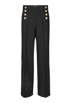 High waisted and straight legged, these military-inspired trousers have two rows of brass buttons down the front as a very special detail. Perfect with a simple blouse or knit, the pants are in a crepe viscose blend. Fit: Regular Fit Sizing: Front: 112 cm Back: 112 cm The model is 177 cm and uses a size S. Materials: 73% polyester,23% viscose,4% elastane How to Wash: Machine wash on gentle cycle Do not tumble dry Jacket Cape, Perfect White Tee, Liverpool Jeans, Cami Nyc, Brass Buttons, Mac Jeans, Simple Blouse, Military Inspired, Black Button