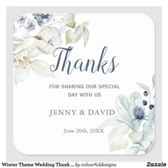 a wedding thank card with watercolor flowers and leaves on the front, says thanks for sharing our special day with us