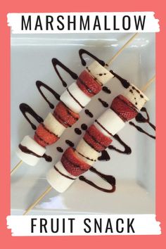 marshmallow fruit snack on a stick with chocolate drizzle