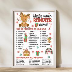 a poster with the words what's your reindeer name? and pictures of animals