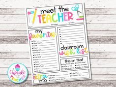 a printable teacher planner with the words meet the teacher and cupcakes on it