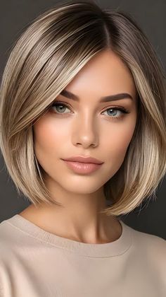 a woman with blonde hair and blue eyes wearing a short bob cut hairstyle in front of a gray background