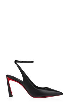 An inverted setback stiletto elevates this pointy-toe lambskin-leather pump that's updated in a slingback/ankle-strap hybrid silhouette. The striking style is grounded by a signature Louboutin-red lacquered sole for a dramatic flash with every step. 3 1/4" (85mm) heel Adjustable ankle strap with buckle closure Wipe with a soft, dry cloth and store in a dust bag Please note the red lacquer on soles will wear off as a result of normal use. To minimize the effect, avoid wearing in wet weather or on abrasive surfaces Leather upper, lining and sole Made in Italy Designer Shoes Louboutin Slingback Heels, Luxury Leather-lined Slingback Pumps, Black Slingback Pumps With Pointed Toe, Medium Width, Luxury Red Slingback Pumps With 4-inch Heel, Red Patent Leather Slingback Pumps With 4-inch Heel, Red Louboutin, Red Lacquer, Wet Weather, Slingback Pump