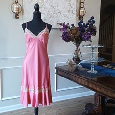 Victoria's Secret Pink Silk Nightgown Slip Dress Size L Pit To Pit 18" Waist 36" 43" Length 100% Silk Adjustable Straps V-Neckline Lace Trim Ruffle Bottom Hem Euc. Please Check Pictures For More Details New To Poshmark? Use My Referal Code @Elethiacc And Get $10 Of Your Purchase Victoria's Secret, Silk, Pink, Nightgown, Nightie, Slip, Silk Dress, Lace Trim, Ruffle Hem, Midi, Spaghetti Straps, Luxe, Barbiecore, Fairycore, Luxury Intimates, Women's Intimates, Dress, V-Neck, Soft, Coquette, Comfort Feminine Silk Nightgown For Sleep, Elegant Spring Sleepwear By Victoria's Secret, Silk Nightgown With Lace Trim For Loungewear, Silk Nightgown With Lace Trim For Sleep, Feminine Silk Sleepwear For Wedding Night, Silk Feminine Sleepwear For Wedding Night, Fitted Feminine Sleepwear For Night, Spring Silk Sleepwear For Night, Elegant Victoria's Secret Nightgown