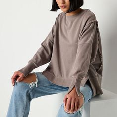 Lounge comfortably in Arizona's oversized sweatshirt from their junior's and women's collection whether at home for a chill day or out with friends. Made from soft cotton French Terry with recycled fabric, this pullover has a crew neckline, long sleeves with split cuffs, and a high-low hem. Pair it with the matching sweatpants for a full look.Closure Type: Pullover HeadFit: Oversized FitNeckline: Crew NeckSleeve Length: Long SleeveSleeve Style: Cuffed SleeveApparel Length: 24 Inches - Front, 25… Arizona Jeans, Long Sleeve Sweatshirt, Oversized Sweatshirt, Recycled Fabric, Long Sleeve Sweatshirts, Women Collection, Crew Neckline, French Terry, High Low