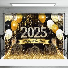 a new year party backdrop with balloons and streamers in gold, black and white