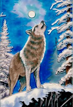 a painting of a wolf standing on top of a snow covered hill looking up at the moon