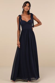 Radiant Charisma Navy Chiffon Ruched Tie-Strap Maxi Dress Navy Chiffon Dress, Flowy Prom Dresses, Dress With Tie Straps, Ruched Maxi Dress, Dressed To Impress, Navy Bridesmaid Dresses, Bridal Party Dresses, Winter Formal, Dress Chiffon