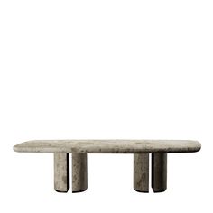 a marble table with two metal legs on it's sides, against a white background