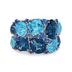 This playful, colorful design features blue topaz, London blue topaz, and blue sapphires all totaling 14.33 carats. Diamonds Direct, Sparkly Jewelry, Blue Gemstones, London Blue Topaz, Colorful Design, London Blue, Cluster Ring, Unique Rings, Online Jewelry