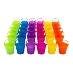 many different colored buckets are lined up in the same row and one is empty