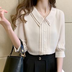 Casual Chiffon Blouse, White Chiffon Blouse, Woman Clothes, Stylish Blouse, Half Sleeve Dresses, Elegant Blouses, Womens Tops Summer, Polo Shirt Women, Pullover Shirt