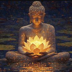 a buddha statue sitting in the water holding a lit up lotus