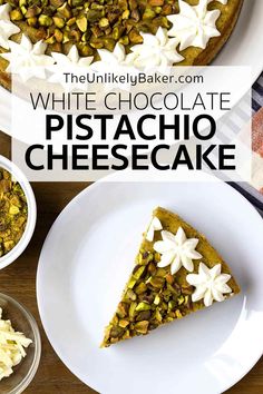 white chocolate pistachio cheesecake on a plate