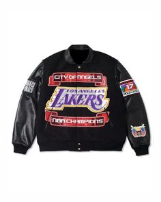 Los Angeles Lakers 2020 Championship Varsity Jacket Winter Varsity Jacket With Patches For Streetwear, Winter Streetwear Varsity Jacket With Patches, Black Patchwork Varsity Jacket For Fall, Fitted Long Sleeve Varsity Jacket For Winter, Black Varsity Jacket With Patches For Streetwear, Black Varsity Jacket With Patches, Black Varsity Jacket With Patchwork, Black Patchwork Varsity Jacket For Streetwear, Black Long Sleeve Varsity Jacket With Patchwork