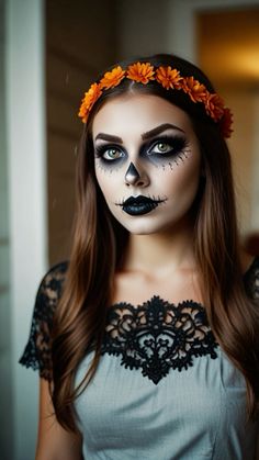 “Turn heads with this classic skeleton face makeup. Perfect for those who want to mix creepy with creative this Halloween!” Female Skeleton Face Makeup, Face Paint For Women Halloween, Womens Halloween Face Paint, Glam Day Of The Dead Makeup, How To Paint Skeleton Face, Halloween Costumes Skeleton Women, Skeleton Makeup Cute, Skeleton Make Up Ideas, Skeleton Bride Makeup