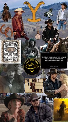 the collage has many different pictures and words on it, including cowboy's