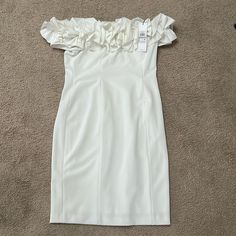 Beautiful White Ruffled Dress Perfect For Bridal Shower Or Other Wedding Events. Never Worn, Tags Still On White Ruffled Dress, White Ruffle Dress, Cowl Neck Sweater Dress, Floral Halter Dress, Scuba Dress, Womens Shift Dresses, Calvin Klein White, Ruffled Dress, Blue And White Dress