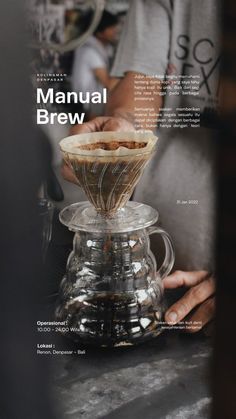 the manual for making coffee is displayed in front of a man pouring it into a glass pot