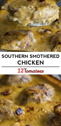 two pictures showing different types of food in a pan with the words southern smothered chicken