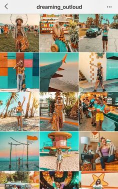 a collage of photos with people standing in front of the ocean and palm trees