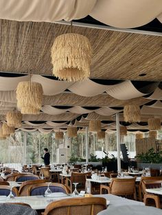 a restaurant with lots of tables and chairs covered in straw umbrellas hanging from the ceiling