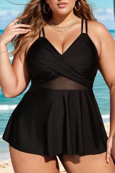 Plus Size Beach Mesh One Piece Swimsuit Vacation Sleeveless Tankini With Built-in Bra, Sleeveless Swimwear With Built-in Bra For Vacation, One-piece Beachwear Top For Poolside, Vacation Swimwear With Built-in Bra, Vacation Swim Dress With Built-in Bra For Beach Season, Beach Season Tops With Built-in Bra, One-piece Tankini With Built-in Bra For Vacation, Black Sleeveless Tankini For Vacation, Sleeveless Black Swimwear For Vacation