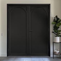 a black double door in the corner of a room with a potted plant next to it