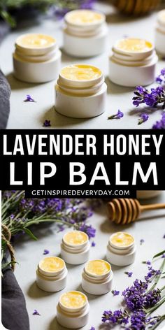 lavender honey lip balm on a table with flowers and bees around the jar text overlay reads lavender honey lip balm