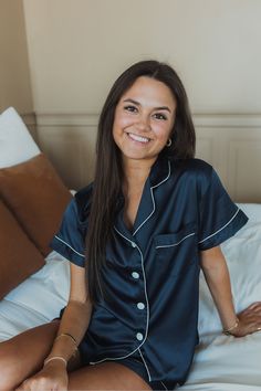 Our luxuriously soft Navy Pajamas Shorts Set is perfect for weddings, bridesmaids, getaways, bachelorette weekends, sororities, or lounging at home. Customize with your name or monogram or purchase plain! Matte Satin fabric Elastic waist bottoms Relaxed Fit Satin Sleepwear For Bedtime, Relaxed Fit Satin Sleepwear For Loungewear, Bridesmaid Pajamas Wedding Day, Pajamas Shorts Set, Pajamas Green, Robes Satin, Pajamas Shorts, Bridesmaid Pajamas, Navy Bridesmaids