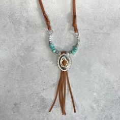 Beaded Leather Turquoise Necklace, White and Blue, Boholeathercraft, Southwestern - Etsy Adjustable Beaded Rustic Turquoise Necklace, Bohemian Concho Lariat Necklace, Rustic Adjustable Turquoise Beaded Necklaces, Bohemian Lariat Concho Necklaces, Adjustable Rustic Turquoise Beaded Necklace, Adjustable Concho Necklaces For Festival, Rustic Turquoise Adjustable Beaded Necklace, Rustic Turquoise Beaded Necklaces, Bohemian Lariat Concho Necklace