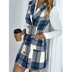 Double Breasted Blue Plaid Sleeveless Vest Button Down Mini Dress This Beautiful Multifunctional Piece Is Perfect For Fall And Winter, With Soft, Thick, Breathable Fabric. It Has A Wide Plaid Pattern In Multiple Shades Of Heathered Blue, Creamy White, And Black. This Form Fitting Piece Has A Turned Down Collar With Lapels On Both Sides And Leaving The Neckline Open. It Hugs Your Curves With Double Buttons That Begin Just Below The Breast, And Pockets On Each Hip. The Buttons Are Gorgeous With A Plaid Cardigan, Sweater Women's, Khaki Dress, Vintage Casual, Long Sleeve Mini, Office Ladies, Purple Dress, Online Womens Clothing, Mid Length