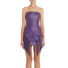 Purple Fringe Detail Strapless Leather Dress, Party Leather Dress, Mini Dress Designer Mini Dress For Evening, Luxury Spring Dresses For Fashion Events, Fitted Chic Mini Dress For Fashion Events, Luxury Strapless Mini Dress For Night Out, Fitted Mini Dress For Spring Fashion Events, Designer Mini Dress For Night Out, Designer Fitted Party Dresses, Designer Fitted Dress For Party, Designer Mini Party Dress