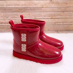 New In Box- Ugg Women’s Classic Clear Mini Waterproof Boots In Ribbon Red With Curly Faux Shearling Enclosed By Tpu Uppers, Internal Back Pull Tabs, Uggplush Lining And Insoles And Treadlite By Ugg Outsoles. Cold Weather Rated To -20 Degrees C. Shaft Hight 5.5”. Red Weatherproof Waterproof Boots With Round Toe, Casual Red Waterproof Boots For Winter, Winter Boots With Reinforced Heel In Red, Red Winter Boots With Round Toe, Red Waterproof Winter Boots, Red Insulated Round Toe Boots, Casual Red Rain Boots For Rainy Weather, Red Insulated Winter Boots, Red Insulated Boots With Round Toe